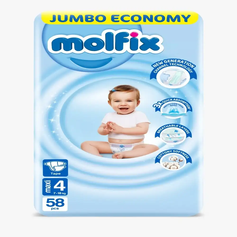 مولفيكس حفاضات اطفال عبوة جامبو ماكس مقاس 4 - 58 حفاضة - قد تختلف العبوة